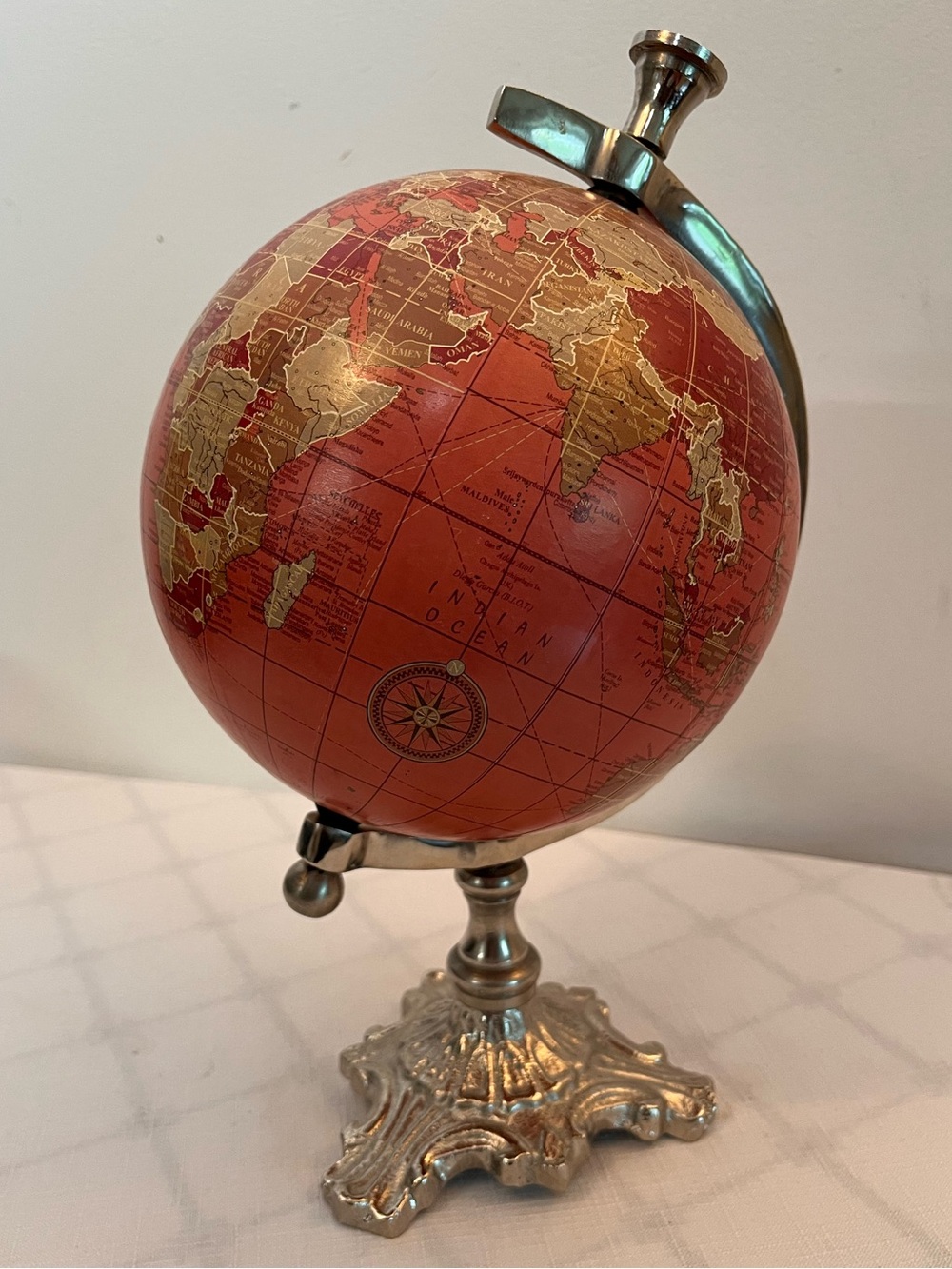 Vintage Peach & Terracotta Desktop World Globe on Ornate Silver Base 
8”
MCM